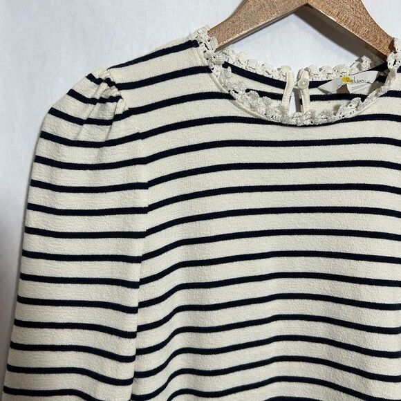 BODEN Crochet Trim Collar Long Sleeve Top US 6 Cream Navy Blue Striped Cotton - Picture 4 of 10